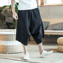 Summer Thai bloomers men Nepal big crotch pants cotton linen loose pants Chinese style linen wide leg Capri pants