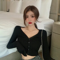 Van Chy vintage black V-neck knitted base shirt women fall slim long sleeve short cardigan T-shirt shirt top