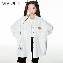 viapitti Poker Love Series Graffiti Letter Big Pocket Shirt Early Autumn New Jacket Design Feeling Minor