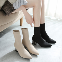 Stretch boots Womens booties Autumn and Winter 2020 thin boots medium tube knitted medium heel socks boots thick heel pointed high heel boots