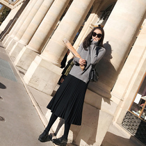 Skirt Womens autumn and winter long loose thin black versatile temperament A- line dress Korean high waist pleated skirt