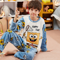  Boys  childrens pajamas large size home service cover 12-15 years old spring and autumn and winter Spongebob flannel coral velvet