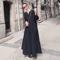 Black One-piece Dress Woman Cotton Hemp 2022 Spring Autumn New Temperament Long Dress International Big Swing Design Feel Skirt