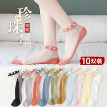 Crystal socks womens socks shallow summer glass stockings Pearl Daisy Net red cotton socks thin cotton bottom