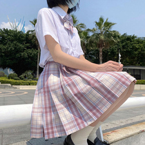 Genuine jk uniform summer suit Full set of students pink skirt Female college style pleated skirt Japanese childrens grid skirt