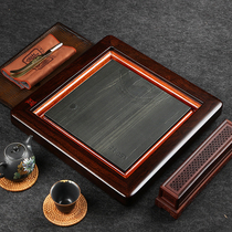 Green wood grain stone square drainage tea sea ebony tea tray Solid wood Kung Fu tea set Household small tea table tray