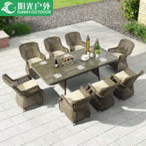 Sunshine outdoor table chair umbrella combination courtyard garden terrace seven-piece set American leisure furniture outdoor long table rattan chair