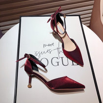 Wine Red Silk Satin High Heel Gown Wedding Shoes Woman Korean version of the new pointed Sexy Ribbon Hollow Fine Heel Single Shoe
