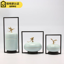 Modern new Chinese style creative alloy Dragonfly ceramic storage tank decoration Model room Art home entrance decoration