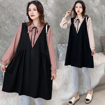 Gats up for overweight pregnant women Spring and autumn winter style blouses Korean version fake two pieces 200 grams of fat mm loose breast-feeding dress