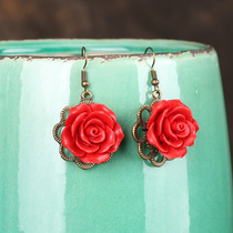 National style original handmade jewelry lacquer carved rose rose earrings fashion red Bride wedding accessories female earrings