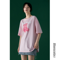 Blue cola Bluescola@ summer Korean version all-match mid-length bear letter print loose short-sleeved T-shirt women
