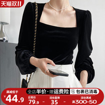 French niche design sense black long-sleeved t-shirt womens autumn and winter 2022 new inner bottoming shirt square collar short top