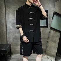 Flax short sleeve set flow T-shirt two-piece Chinese disc buckle Tang dress shirt stroke cotton linen mens summer dress Joker