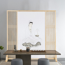 New Chinese screen Entrance partition Living room hollow hand-painted fabric Teahouse office Zen modern solid wood seat screen
