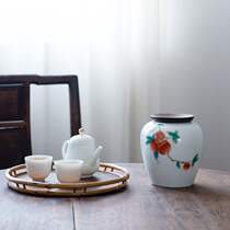 Large ceramic tea pot half a catty black tea Puer tea warehouse white porcelain jar sealed storage tea sandalwood cover