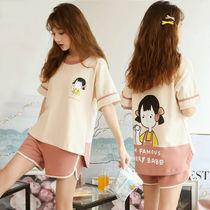 Pajamas female summer short sleeve cotton two-piece Korean cartoon fresh student suit thin women can wear home clothes