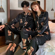  Spring and autumn simulation silk couple pajamas womens two-piece net red long-sleeved trousers ice silk mens home service suit