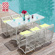 Outdoor balcony rattan chair seven-piece combination courtyard outdoor Villa Leisure Living room rattan dining table and chair bar table and chair