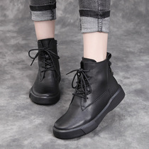 Spring and autumn leather Martin boots British style 2020 new autumn winter plus velvet single womens shoes Joker flat short boots