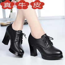 Female type coarse heel single shoe woman 2021 new genuine leather high heel shoe deep mouth heel with lace spring shoes middle-aged mom shoes