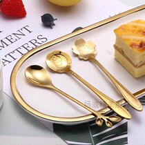 Net red cherry blossom spoon petal oatmeal pudding light European style dessert gold stainless steel stirring cold pastry coffee long