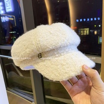 Lamb cashmere beret autumn and winter Korean version of Joker letter rhinestone hat female British retro thick warm cap