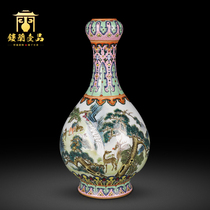 Jingdezhen porcelain pastel pine deer pattern garlic flower vase Chinese living room home decoration collection ornaments