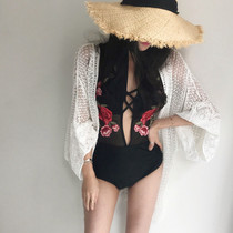 Korean ins wind swimsuit small chest gathered sexy black embroidery one-piece conservative cover belly thin hot spring swimsuit women