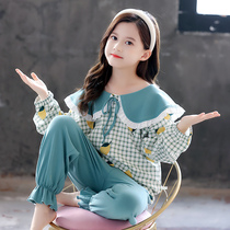 Girls pajamas Spring and Autumn cotton cute childrens home clothes in the big child princess little girl long-sleeved plaid suit