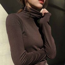 Korean version of autumn and winter new high collar retro solid color base shirt temperament simple pile collar thin long sleeves tie T-shirt