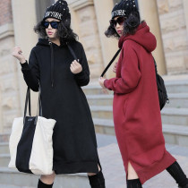 New autumn and winter size womens fat mm plus velvet padded cotton slimming meat over the knee long hooded sweater age