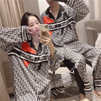 Net red male and female style lovers spring autumn pyjamas ice silk letter plaid printed cardiovert home clothes big code casual suit