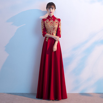  Toast dress Bride cheongsam burgundy Chinese dress pregnant women wedding Chinese style engagement back door autumn long-sleeved women