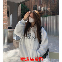 Plus velvet thickened printed letters hooded sweater womens 2022 autumn and winter new Korean version loose oversize top