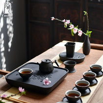 Pottery fans simple Japanese hand-made pot kung fu tea set set home rough dry bubble hollow tea tray retro ceramics