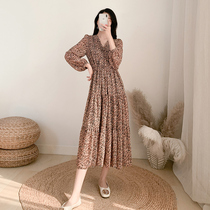 2021 Early spring new womens dress v Collar Crushed Flowers Skirt High Subtemperament Long Skirt Style Vintage Snowspun Dress