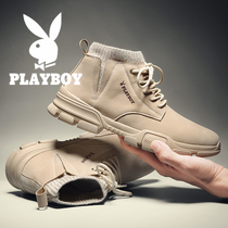 Playboy Martin Boots Mens Workers Leather Winter English Wind Mid-Help Cotton Shoes Plus Fleet Snow Boots Men