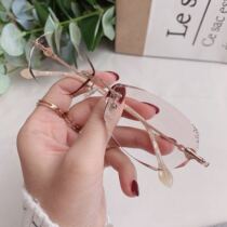 Frameless myopia glasses womens ultra-light diamond cut edge flat light anti-blue light glasses temperament champagne color diamond-set glasses