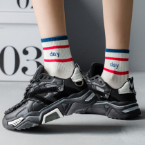 White Socks Female Midbarrel Socks ins Chains Nets Red Winter Pure Cotton Alphabet Two-bar Han version Long Sox All cotton students