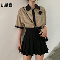 Summer two-piece retro stitching loose short sleeve shirt elastic high waist skirt pleated skirt dress women