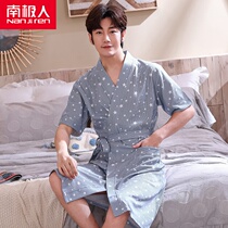 Mens Sleeping Robes Pure Cotton Short Sleeves Summer Thin all cotton Baths in the middle of summer Long-style large-size one-piece bathrobe pajamas