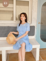 Seven Volume One cut blue elegant round neck pleated wooden ear short sleeve skirt dress dress female summer small man 482