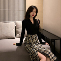 Europe station 2020 autumn new foreign style age reduction thin suit temperament goddess Fan high waist skirt two-piece set