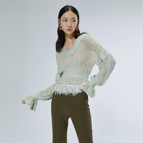LE FAME lafyam spring light green galloped vneck fringe knit top ZB02G032