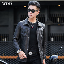 2021 spring new mens leather leather sheepskin medium long lapel leather jacket motorcycle clothing thin jacket