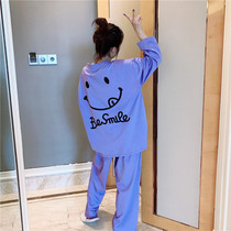 Korean version of long-sleeved pajamas female spring and autumn cotton smiley face printing home clothes plus fat size fat mm200 kg set