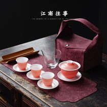 Travel tea set Gongfu tea suit cover bowl portable outdoor ceramic bag Japanese style high-end tea camping equipment