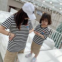 Grape New Pint Children Toddler Cartoon Striped Short Sleeve Net Red Korean Version Family of three-four-mouth whole family clothes T-shirt tide