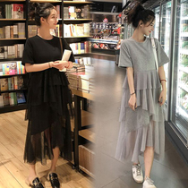 Pregnancy Woman Dress Dress Dress 2021 Summer New Fashion Han Version Loose surrogacy Belly Net Yarn Splicing Super Fairy Cake Dress